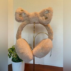 Earmuffs. Cream Color With Bow On Top That Has Golden Glitter Polka Dots. NWT